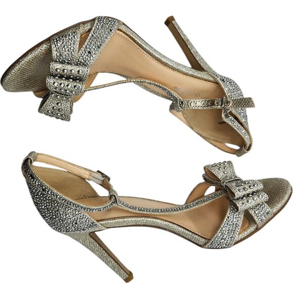 Silver Stone Studded Princess Bow Embellished Strappy Stiletto Pumps Heels 7.5 - Picture 6 of 11